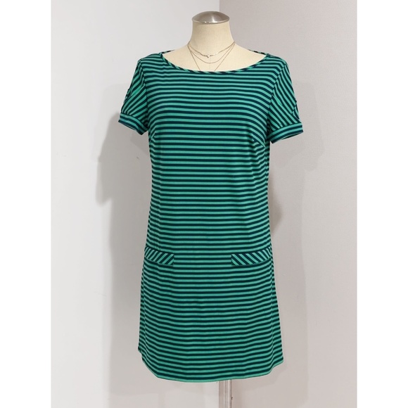 Laundry by Design Women's Green Navy Striped Short Sleeve Stretch Shift Dress M - Picture 1 of 8